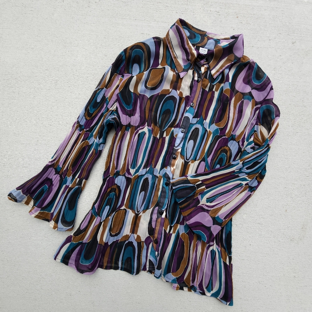 Studio1940 Retro Y2K Office Siren Lightweight Sheer Button Up Blouse Size Large